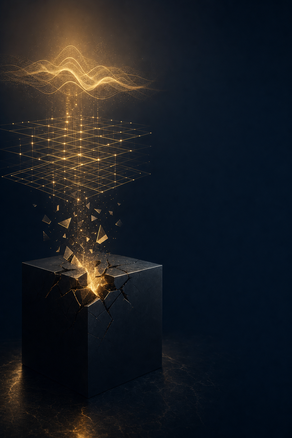A dark cube fracturing open, a gold explainability lattice rising above it, and a soft conversational waveform at the top